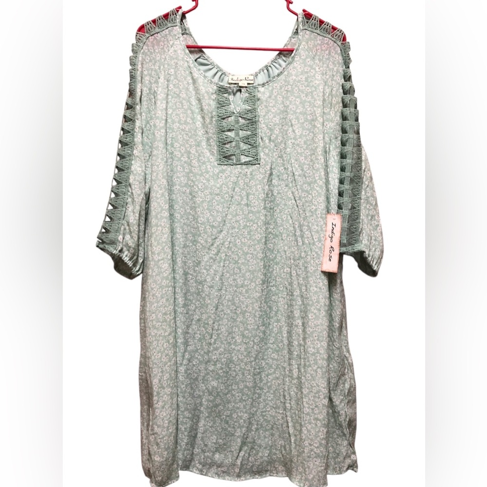 INDIGO ROSE Size XL Floral Green Tunic Dress Light Green Floral Crochet Flowy.‎